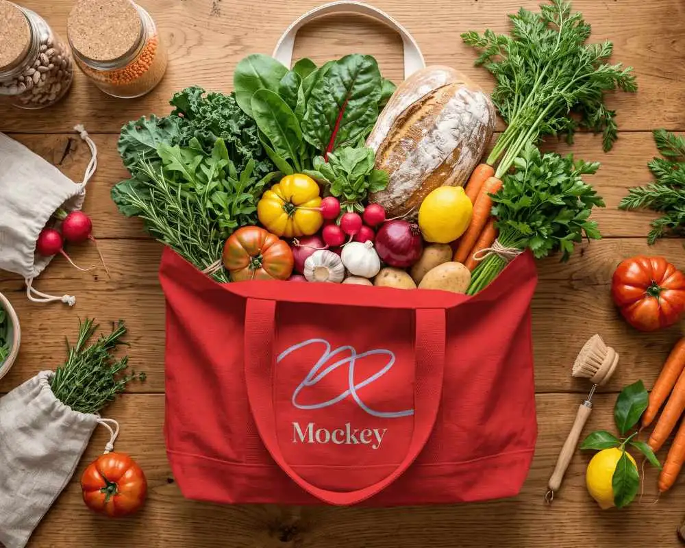 Eco Friendly Shopping Tote Bag Mockup With Farmers Market Vegetables And Garden Produce