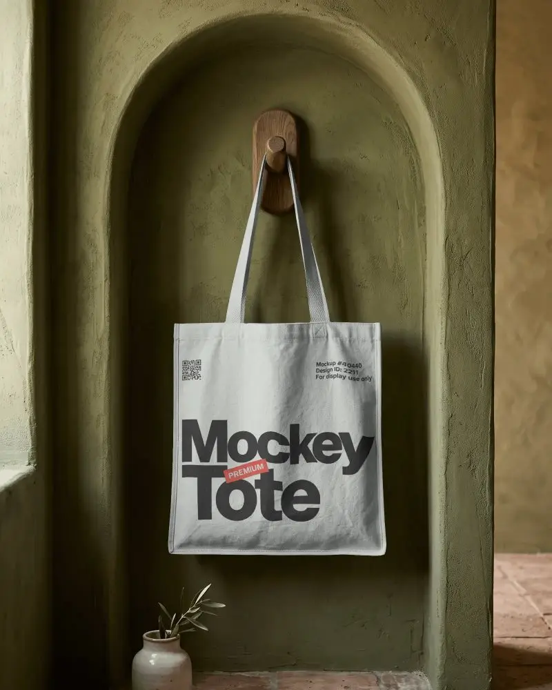 Eco Friendly Canvas Tote Bag Mockup Hanging On Decorative Wall Hook For Daily Use