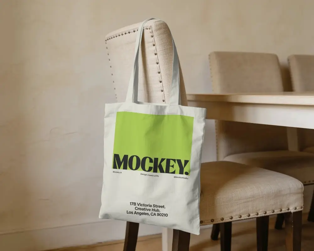 Eco Friendly Canvas Tote Bag Mockup Hanging On Dining Chair For Everyday Use And Shopping