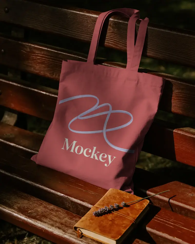 Natural Fabric Tote Bag Mockup On Bench With Leather Journal And Dried Flower Decoration