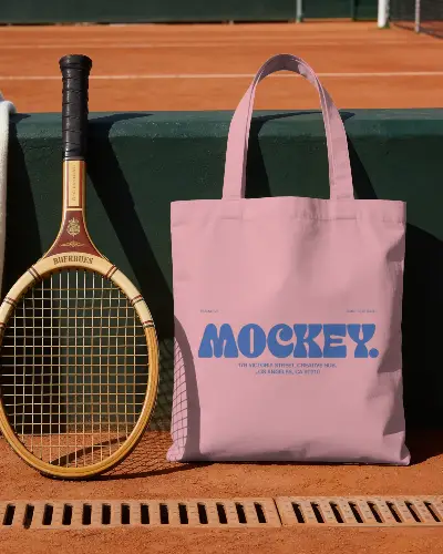 Premium Cotton Tote Bag Mockup On Tennis Court For Custom Design Printing And Branding Use