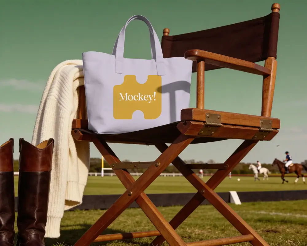 Stylish Canvas Tote Bag Mockup On Wooden Chair Outdoor Fashion Accessory