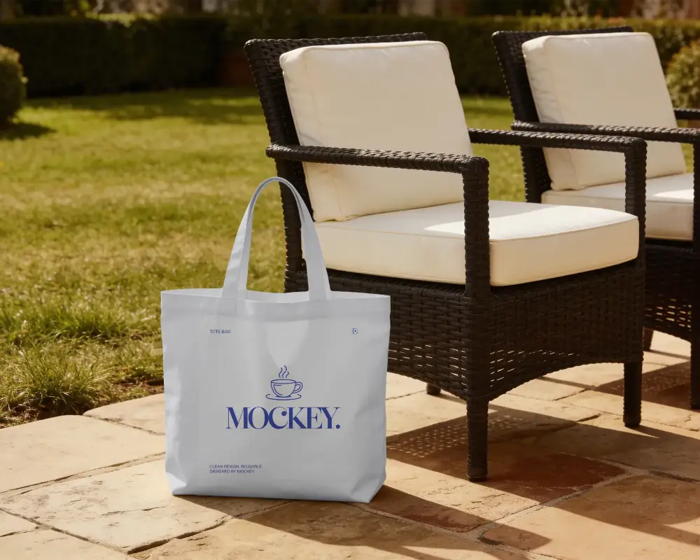 Reusable Cotton Tote Bag Mockup With Long Handles On Outdoor Patio Setting