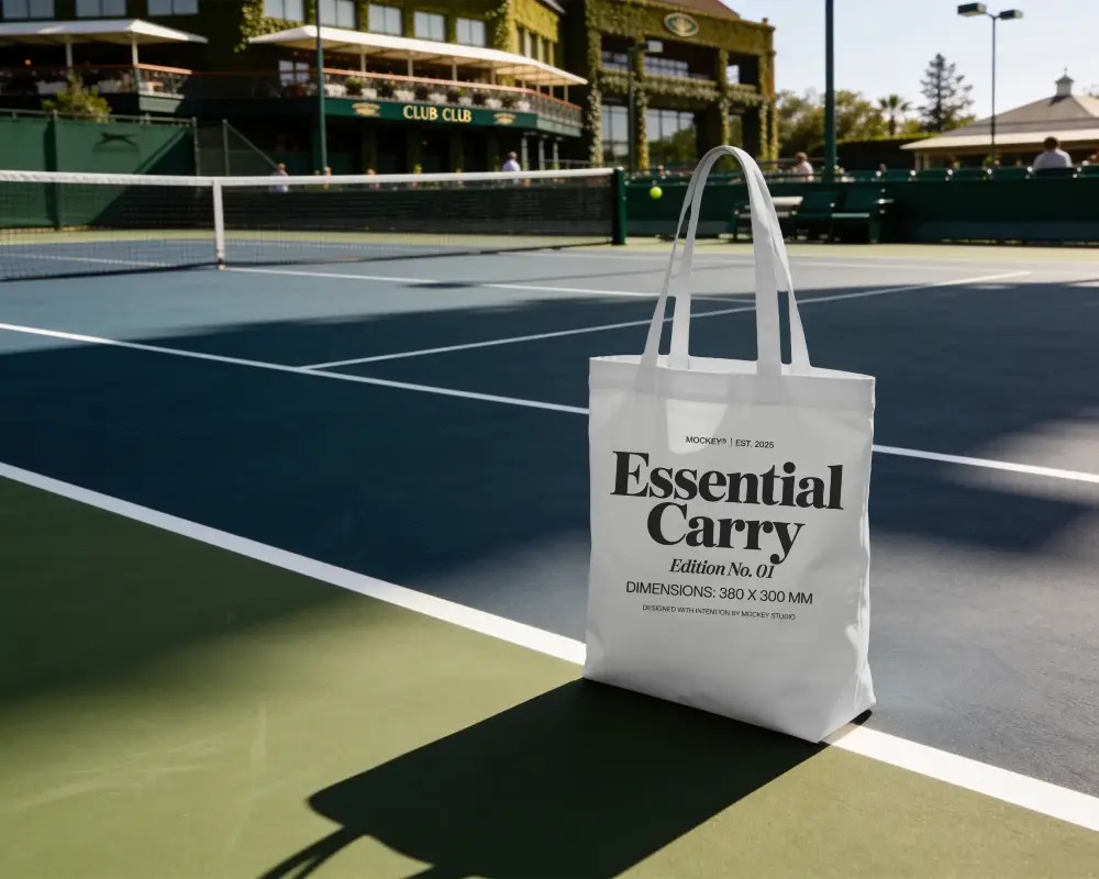 Stylish Minimalist Tote Bag Mockup On Sport Court For Customizable Design Presentation
