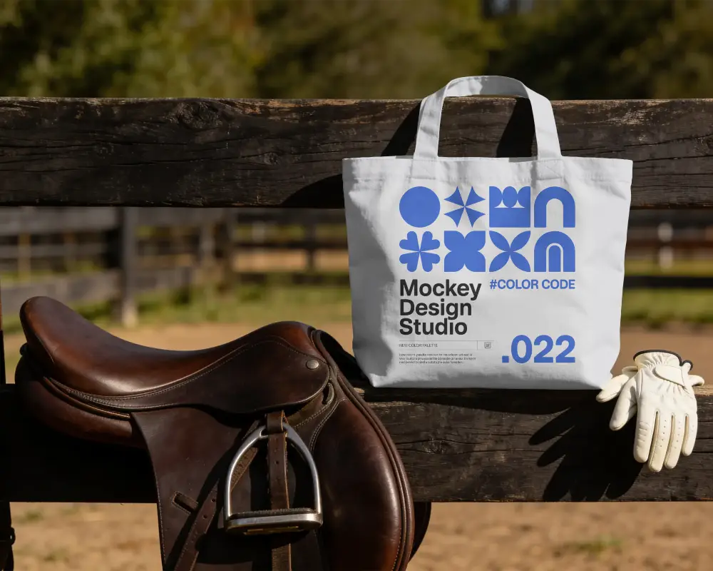 Realistic Tote Bag Mockup On Wooden Fence With Equestrian Gear For Fashion And Marketing