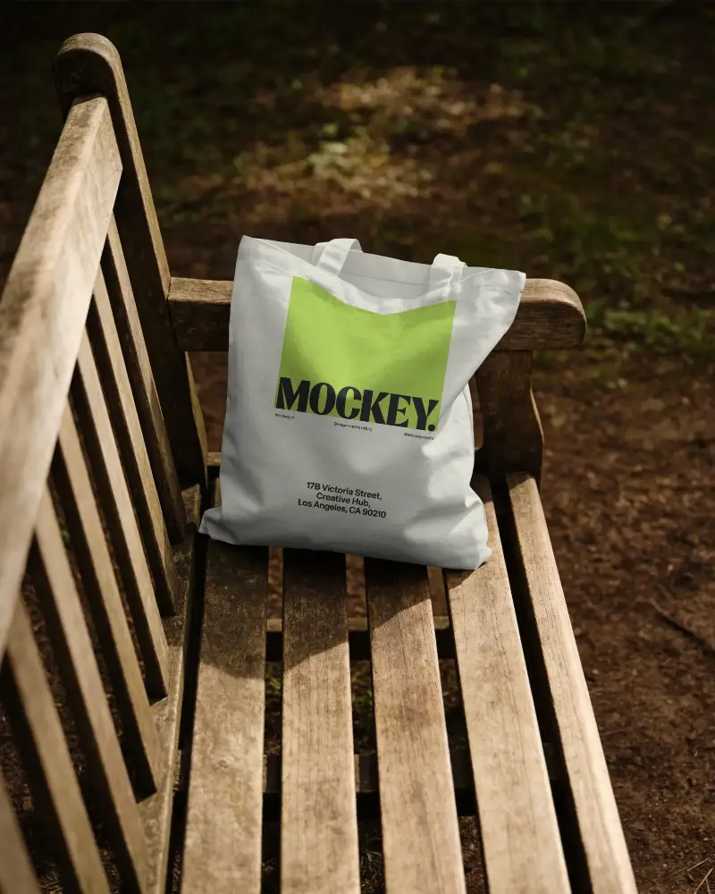 Eco Friendly Tote Bag Mockup On Wooden Bench Outdoor Nature Background For Design