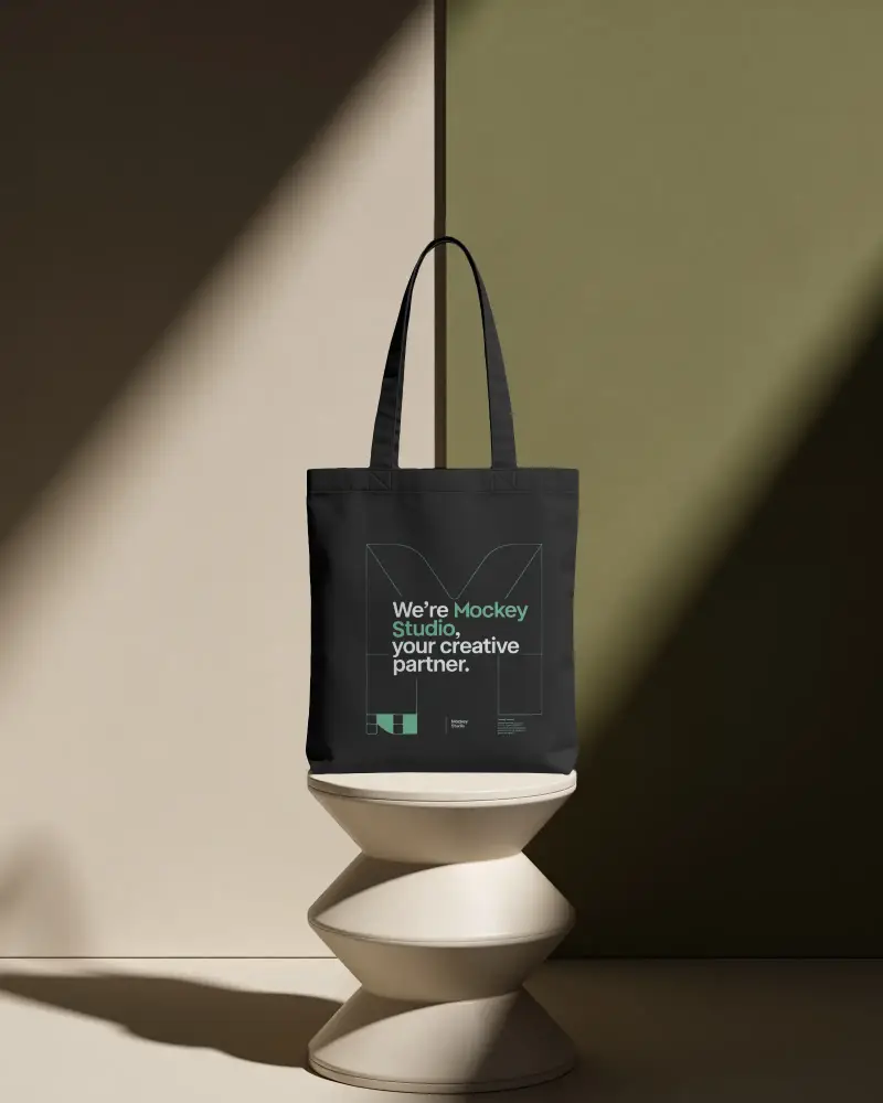 Eco Friendly Canvas Tote Bag Mockup With Stylish Handle On Sculptural Stand Background