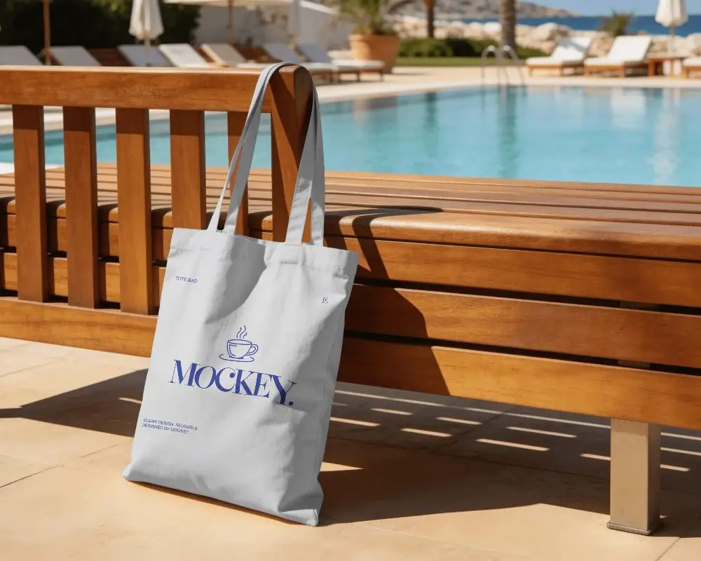 Eco Friendly Fashion Tote Bag Mockup With Long Handles By A Wooden Bench