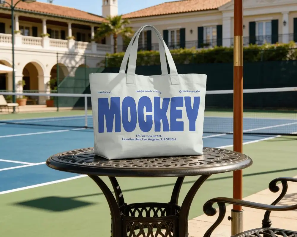 Stylish Durable Canvas Tote Bag Mockup On Outdoor Patio Table With Sports Background