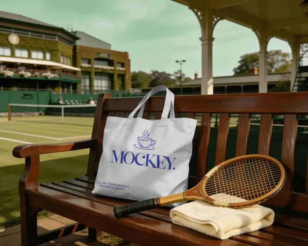 Vintage Tennis Court Scene With Tote Bag Mockup On Bench And Racket For Sporty Style Accessories