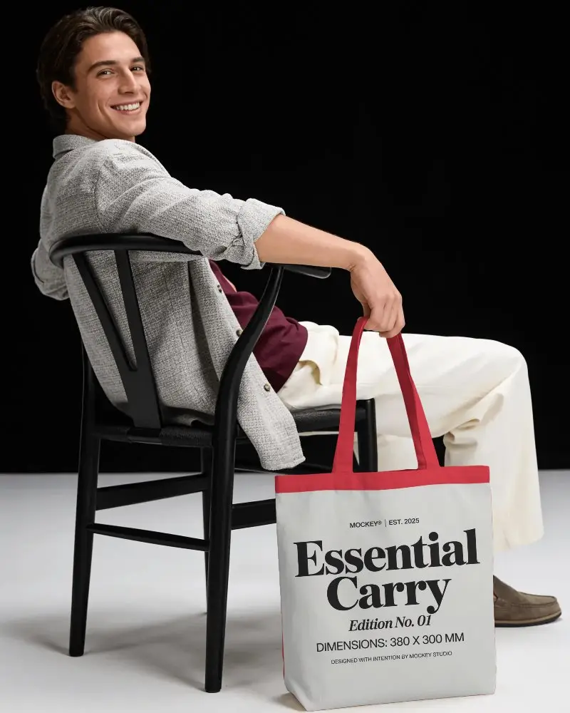 Stylish Casual Male Model Holding Minimalist Tote Bag Mockup On Chair Studio Pose