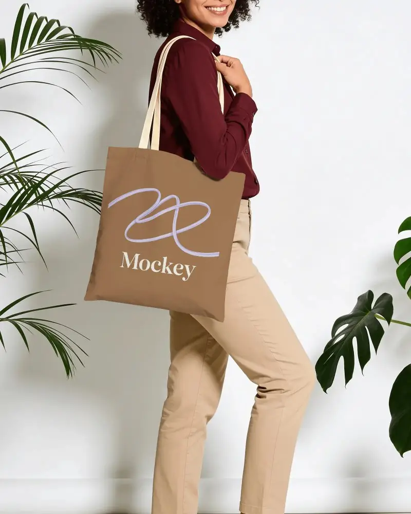 Eco Friendly Cotton Tote Bag Mockup For Daily Use Minimalist Design Mockup With Plant Background