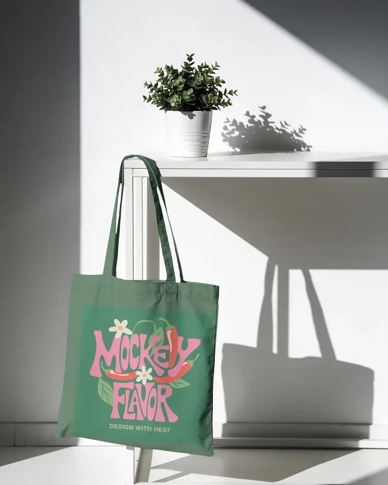 Eco Friendly Tote Bag Mockup Hanging On Edge Minimalist White Background