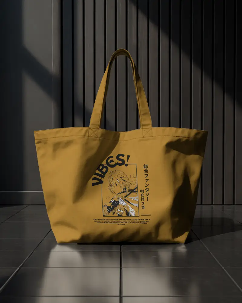 Dramatic Lighting Tote Bag Mockup On Tiled Floor With Dark Wall Panel Background And Soft Shadow 0292