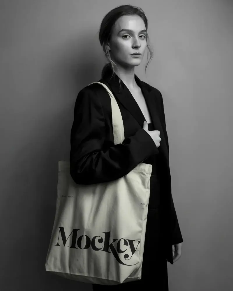 Stylish Minimalist Woman Showcasing Large Tote Bag Mockup For Fashion Accessories Brand Promotions