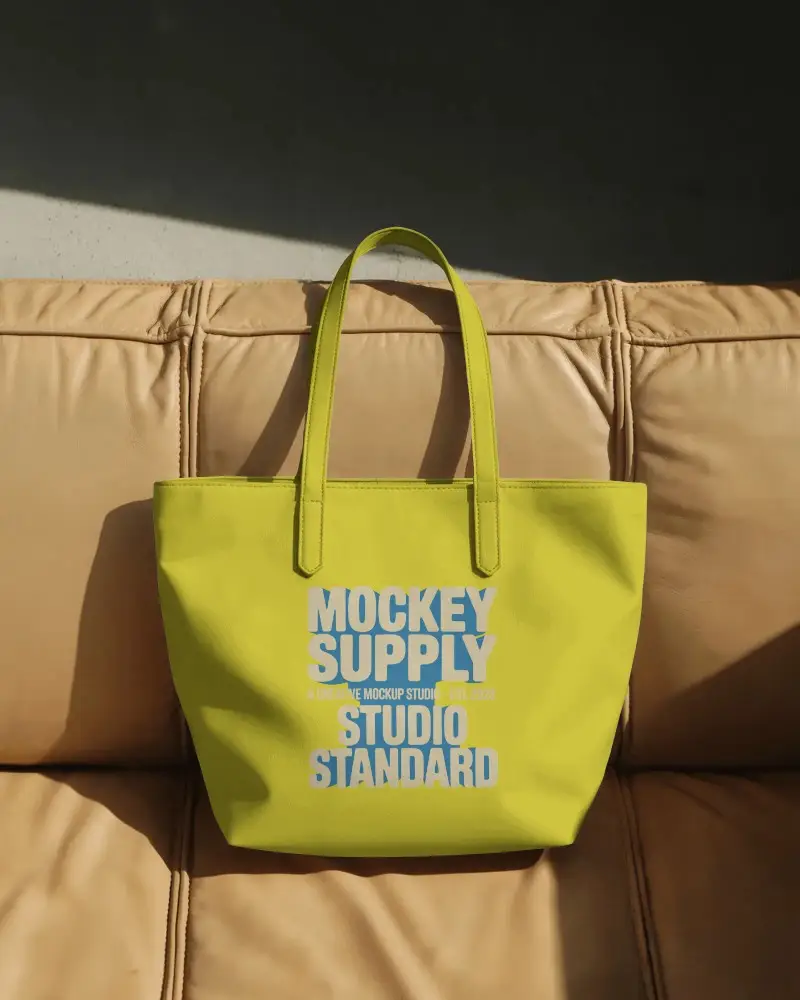 Luxury Leather Style Tote Bag Mockup On Modern Sofa Sunlit Living Space Classy Fashion Display