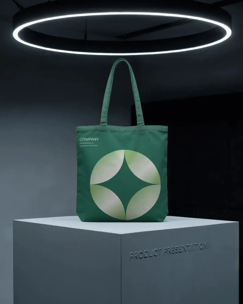 Futuristic Display Tote Bag Mockup On Pedestal With Glowing Ring Light Minimal Product Showcase