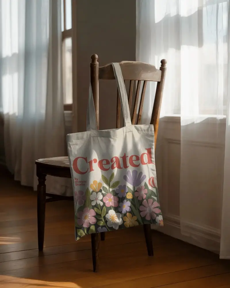 Cozy Home Tote Bag Mockup On Rustic Wooden Chair Sunlit Window Minimal Vintage Style Decor