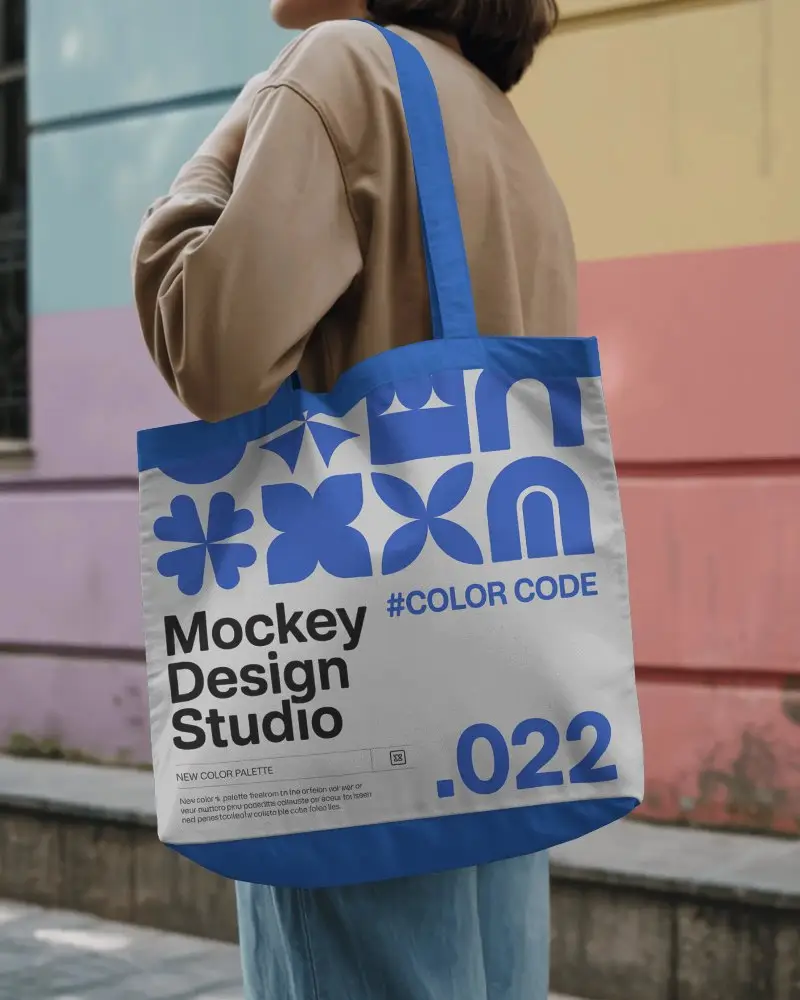 Street Style Tote Bag Mockup Woman Holding Casual Urban Fashion Outfit Outdoor Modern Look