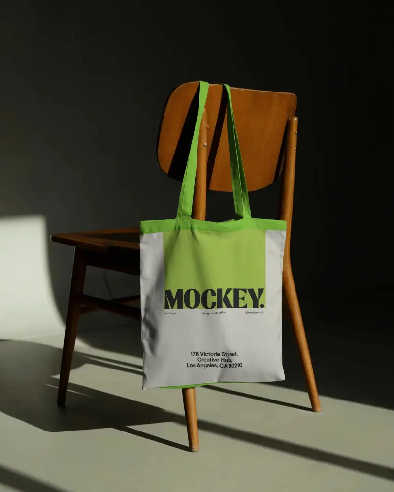 Modern Minimal Tote Bag Mockup Hanging On Wooden Chair With Dramatic Lighting Stylish Display