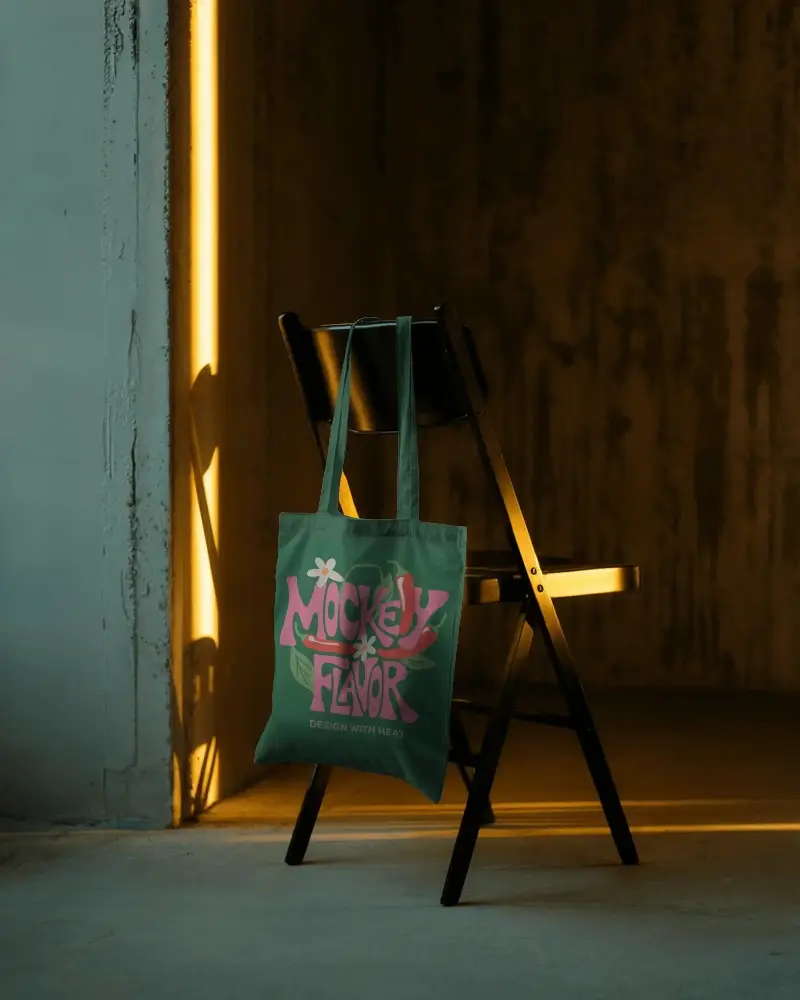 Artistic Shadow Tote Bag Mockup Hanging On Folding Chair With Golden Light Modern Aesthetic