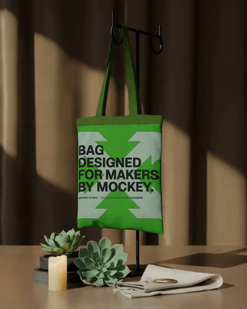 Cozy Home Tote Bag Mockup Hanging On Stand With Succulents And Candle Natural Warm Display