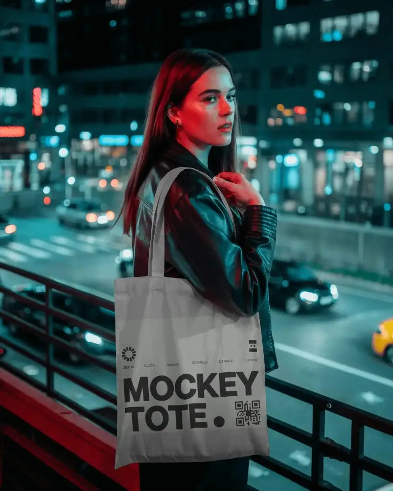 Urban Night Tote Bag Mockup Stylish Woman In City Neon Lights Modern Fashion Street Style