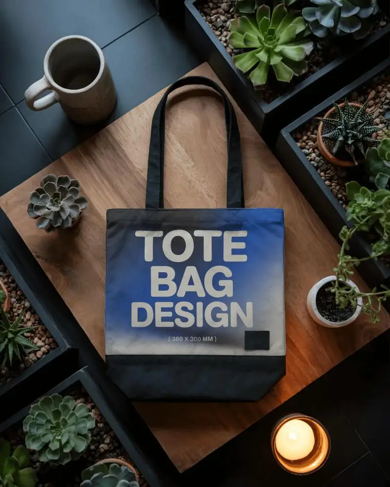 Top View Tote Bag Mockup On Wooden Table Surrounded By Plants Candle Cozy Natural Decor