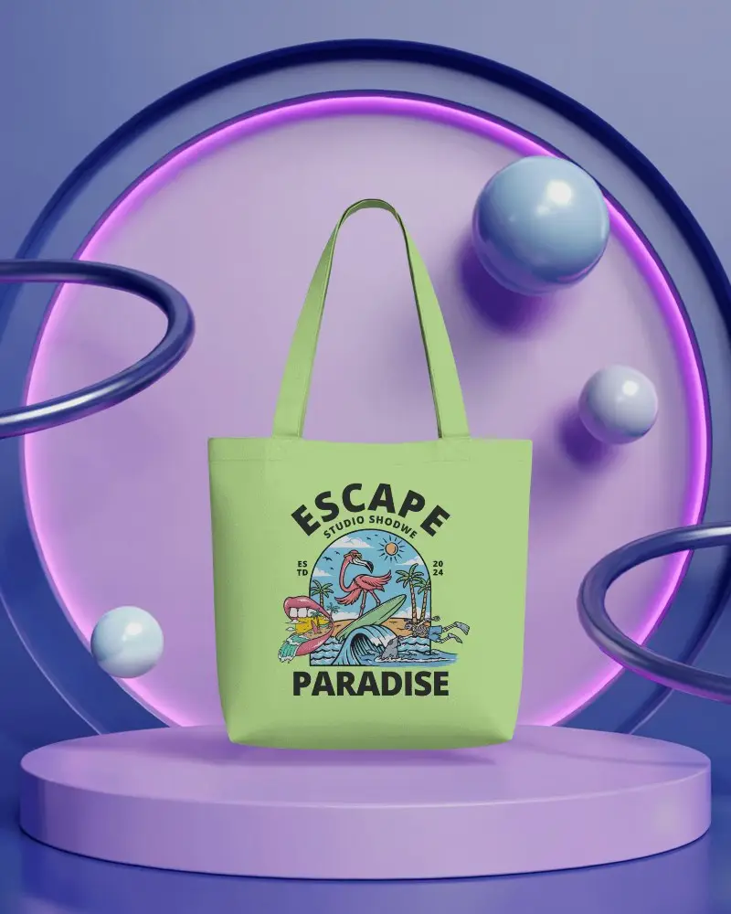 Futuristic 3d Studio Scene Tote Bag Mockup Floating In Front Of Neon Circle Backdrop Eye Catching Brand Visual