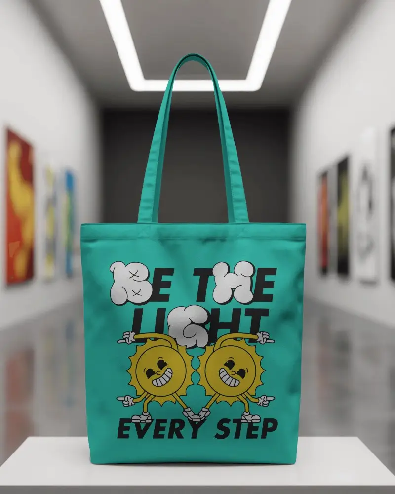 Modern Gallery Display Tote Bag Mockup On Pedestal With Artworks In Background Minimal Museum Exhibition Vibe