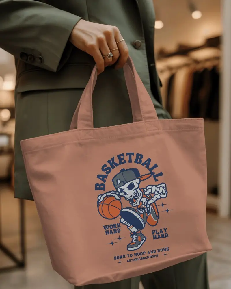 Elegant Office Look Tote Bag Mockup Handheld By Woman In Green Suit Retail Store Setting Luxury Style Vibe