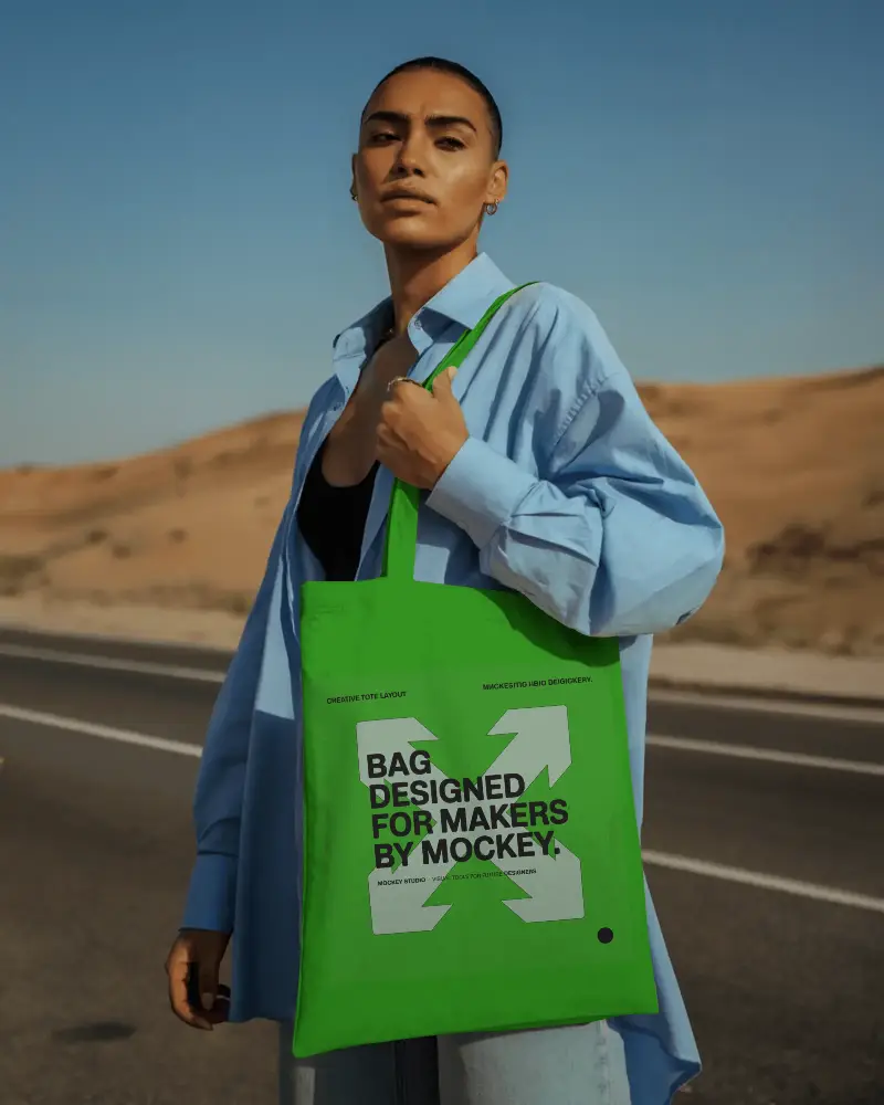 Stylish Woman Carrying Minimalist Tote Bag Mockup Desert Road Fashion Accessory