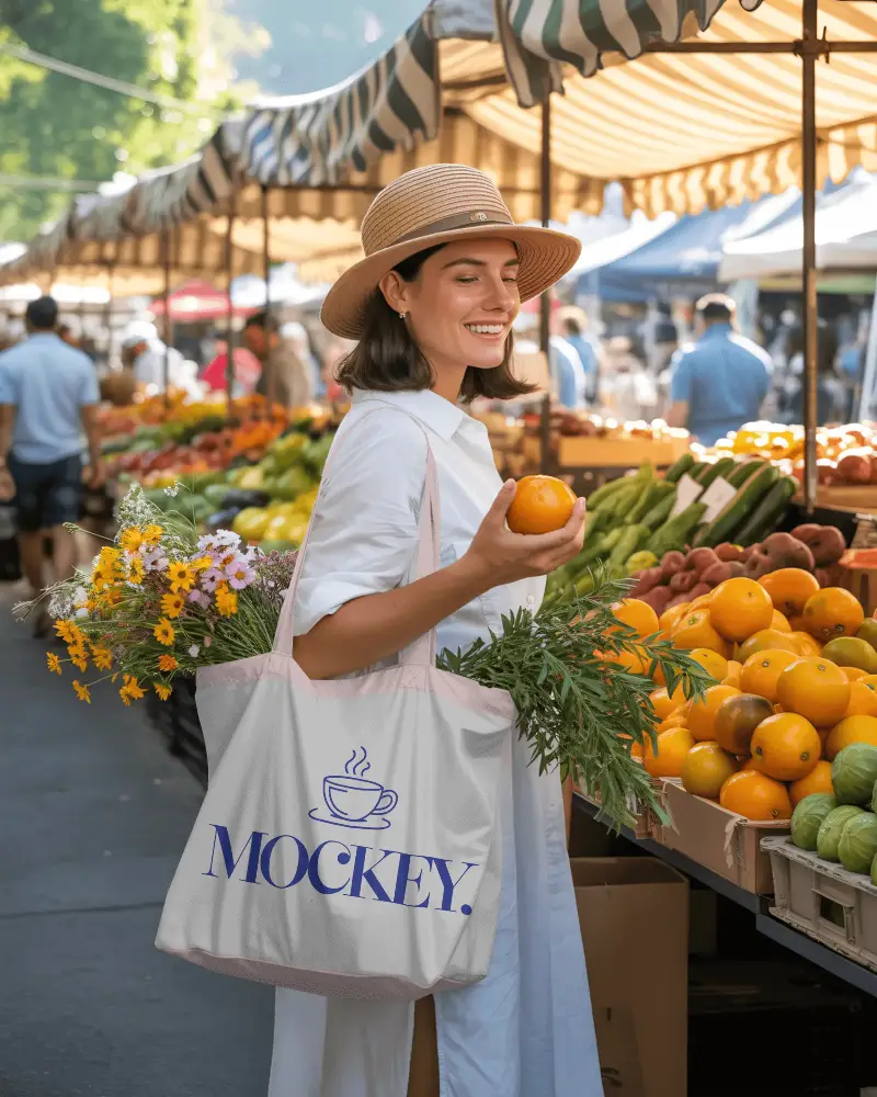 Reusable Shopping Tote Bag Mockup For Fresh Produce Market Carryall With Floral Grocery Storage