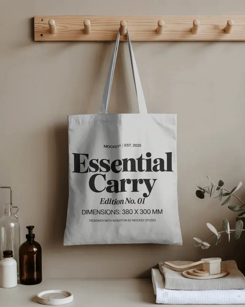 Eco Friendly Tote Bag Mockup Hanging On Wooden Hook Showing Sustainable Fabric Alternative