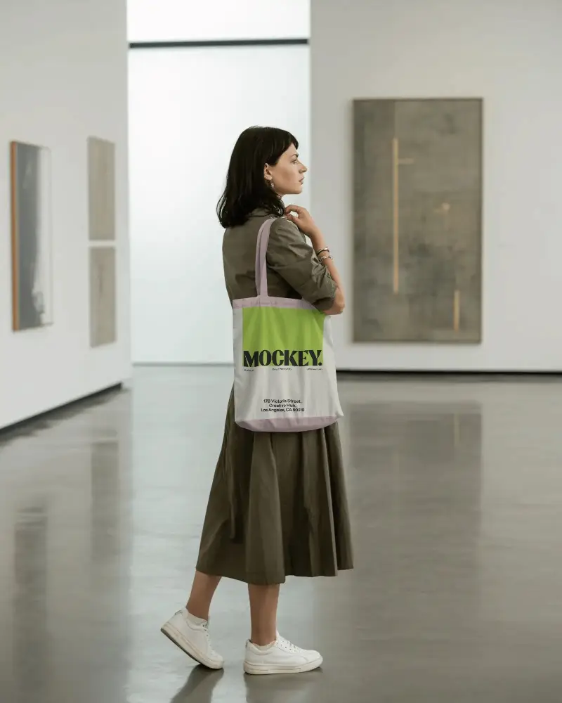 Casual Elegant Woman Showcasing Soft Fabric Tote Bag Mockup In Contemporary Art Gallery Space
