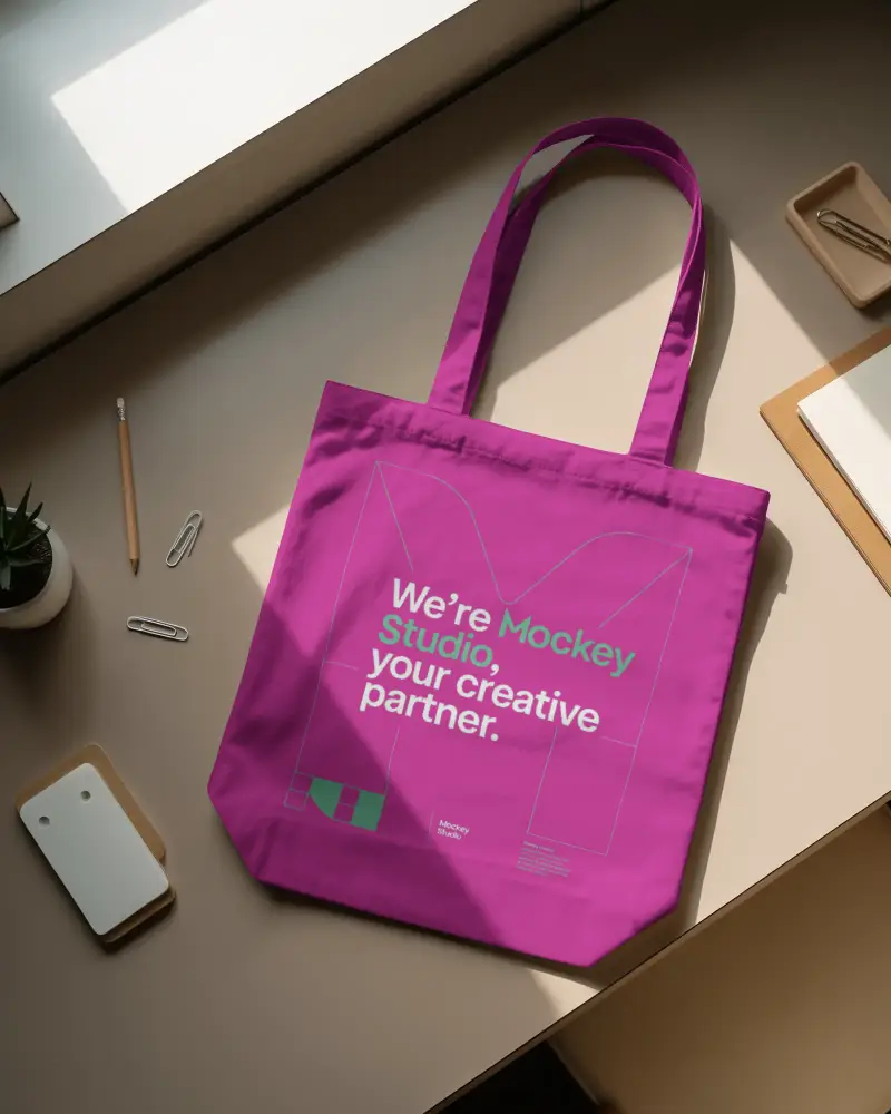 Plain Canvas Tote Bag Mockup On Desk For Custom Logo And Branding Presentation