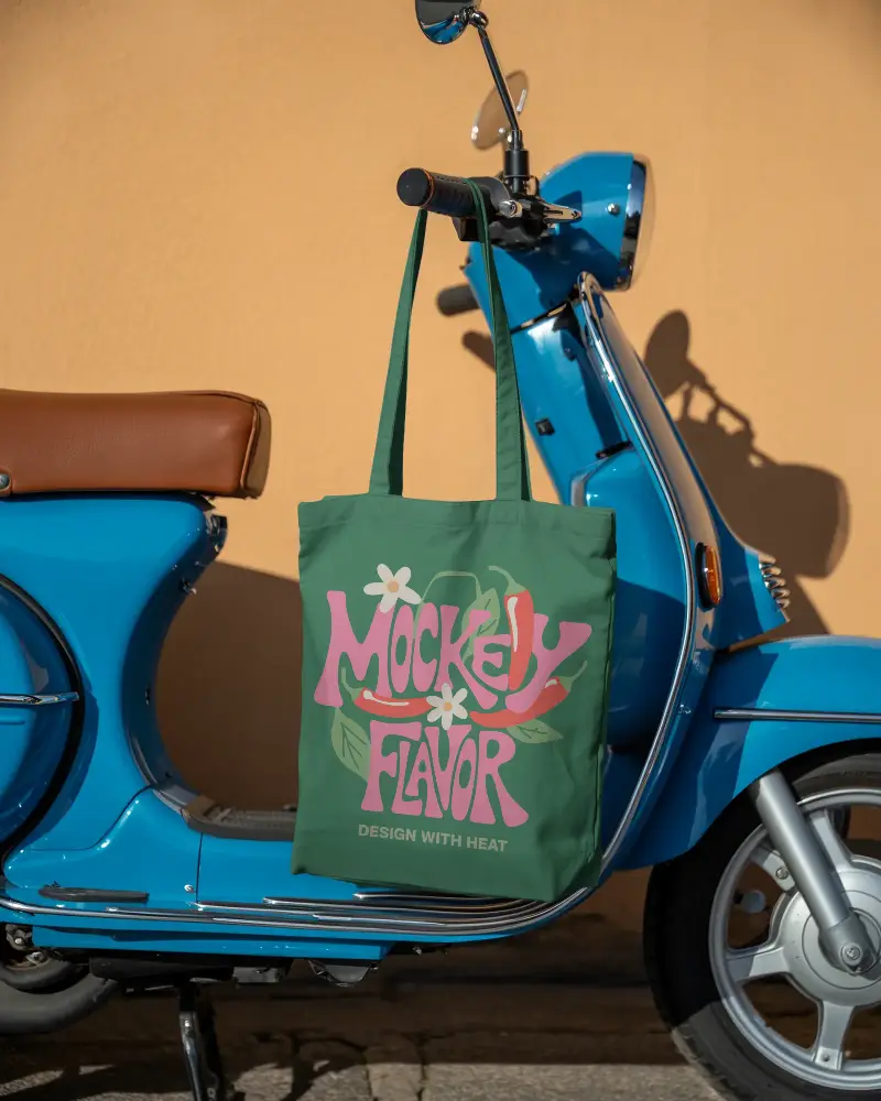 Minimalist Stylish Tote Bag Mockup On Vintage Scooter For Branding And Promotion