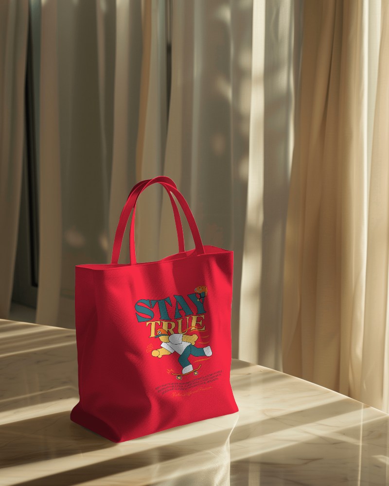 Tote Bag Mockup Lying On Brown Table