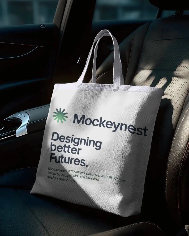 Premium Fabric Tote Bag Mockup In Car Seat Setting For Branding Showcase