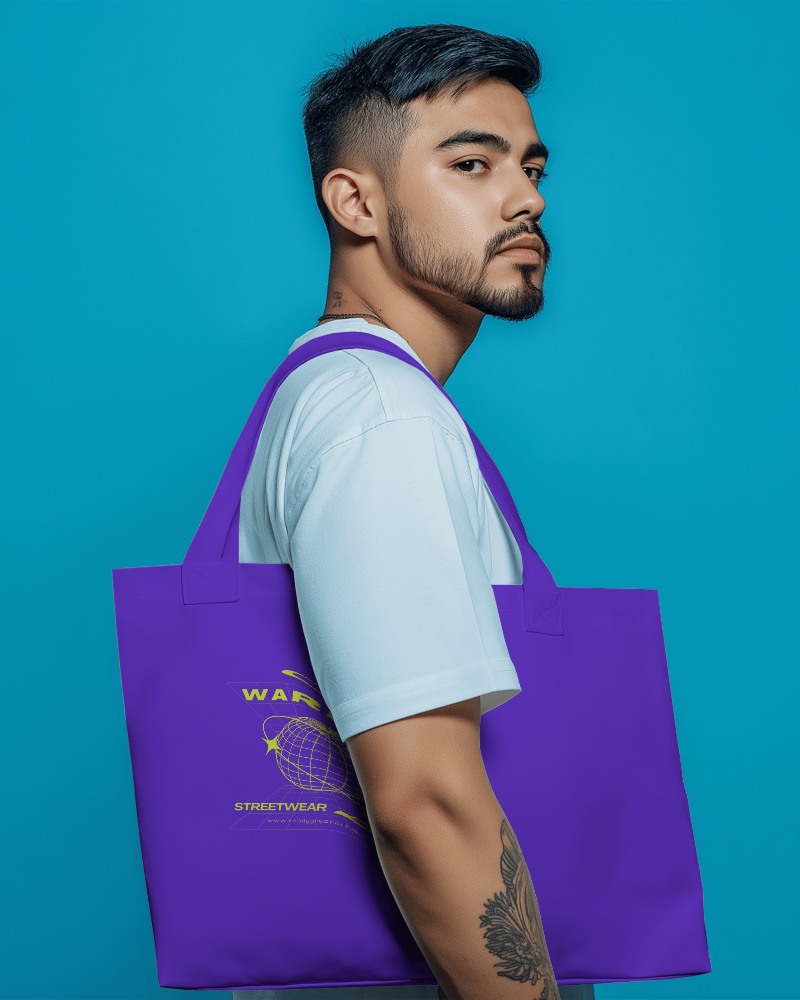 Tote Bag Mockup With Model On Blue Background