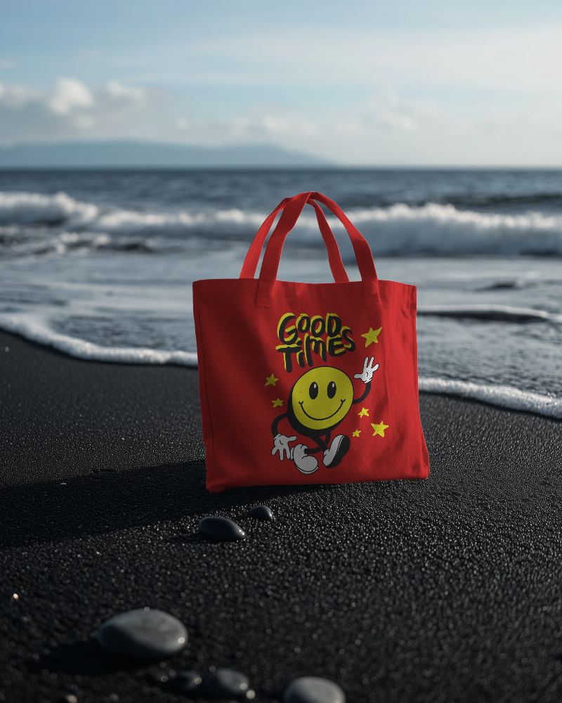 Beachside Tote Bag Mockup White Bag On Black Sand With Waves In Background 0124