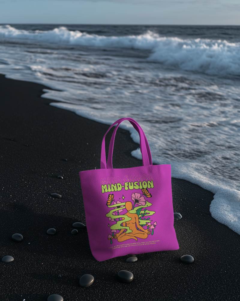 Black Sand Beach Tote Bag Mockup White Bag With Waves Crashing In Background 0125