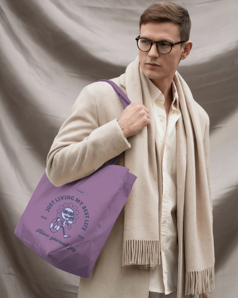 Elegant Streetwear Tote Bag Mockup Male Model In Neutral Toned Outfit Holding Bag With Draped Scarf And Soft Diffused Lighting 0149
