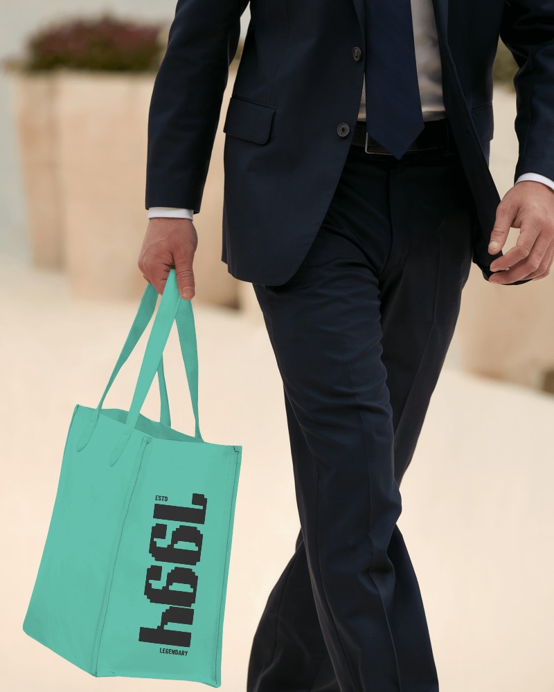 Elegant Business Tote Bag Mockup Man In Navy Suit Walking Outdoor Neutral Background Professional Aesthetic 0155
