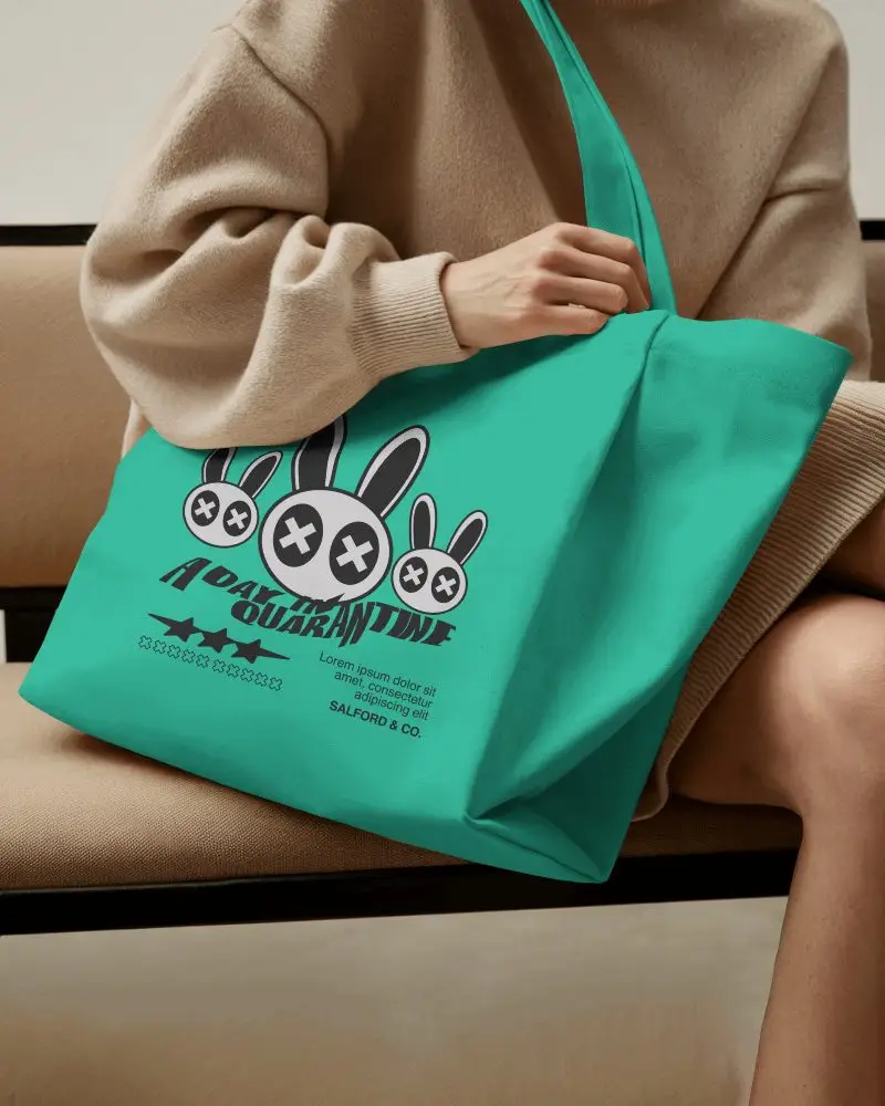 Minimal Indoor Totebag Mockup Female Model In Beige Oversized Sweater Sitting On Bench Holding Blank Canvas Bag Aesthetics Fashion Editable Realistic Empty Medium Stationary