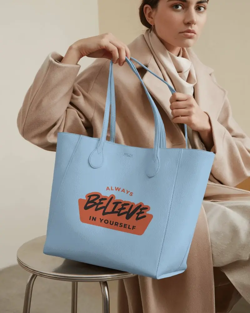 Indoor Totebag Mockup Female Model In Winter Coat Sitting On Stool Holding Leather Tote With Typographic Print Aesthetics Fashion Realistic Art Medium Stationary