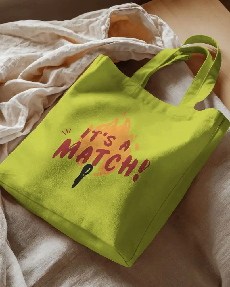 Totebag Mockup Canvas Bag Placed On Fabric Surface With Bold Graphic Typography And Flame Illustration Aesthetics Art Fashion Realistic Medium Stationary
