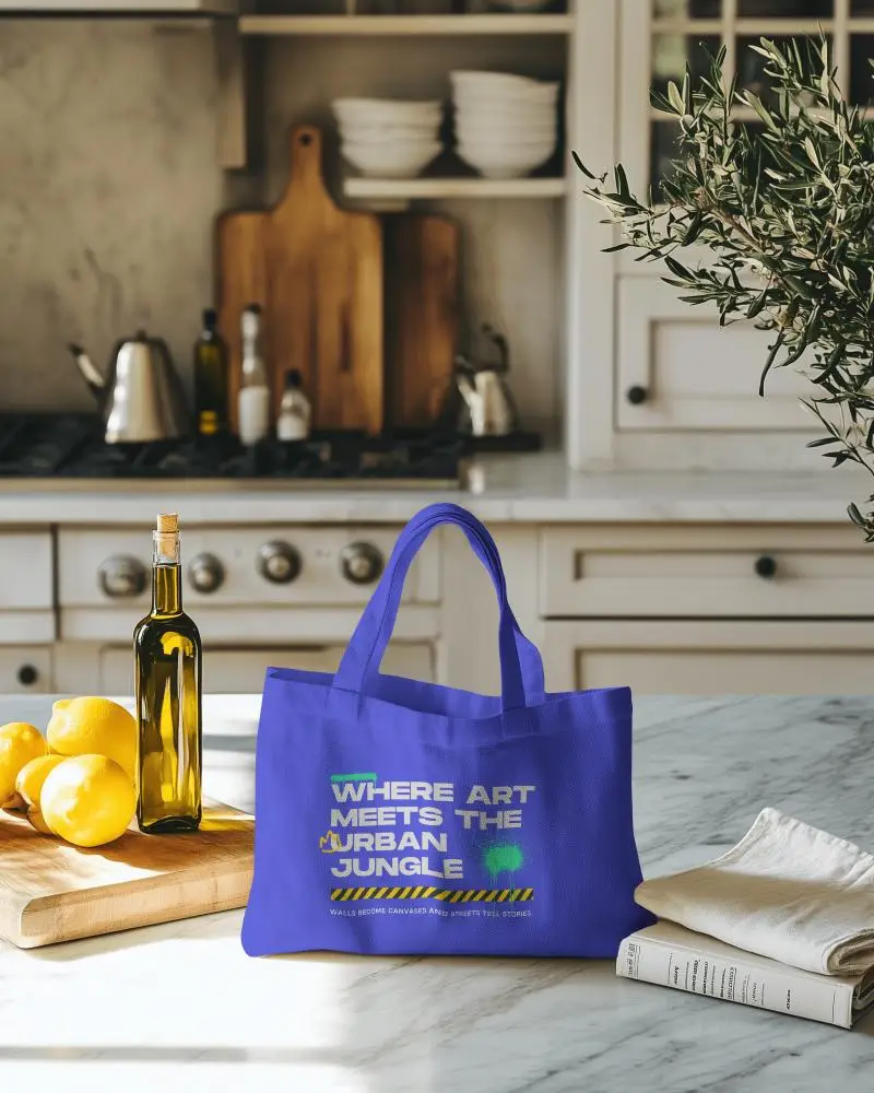 Minimalist Linen Tote Bag Mockup On Wooden Table With Neutral Lighting