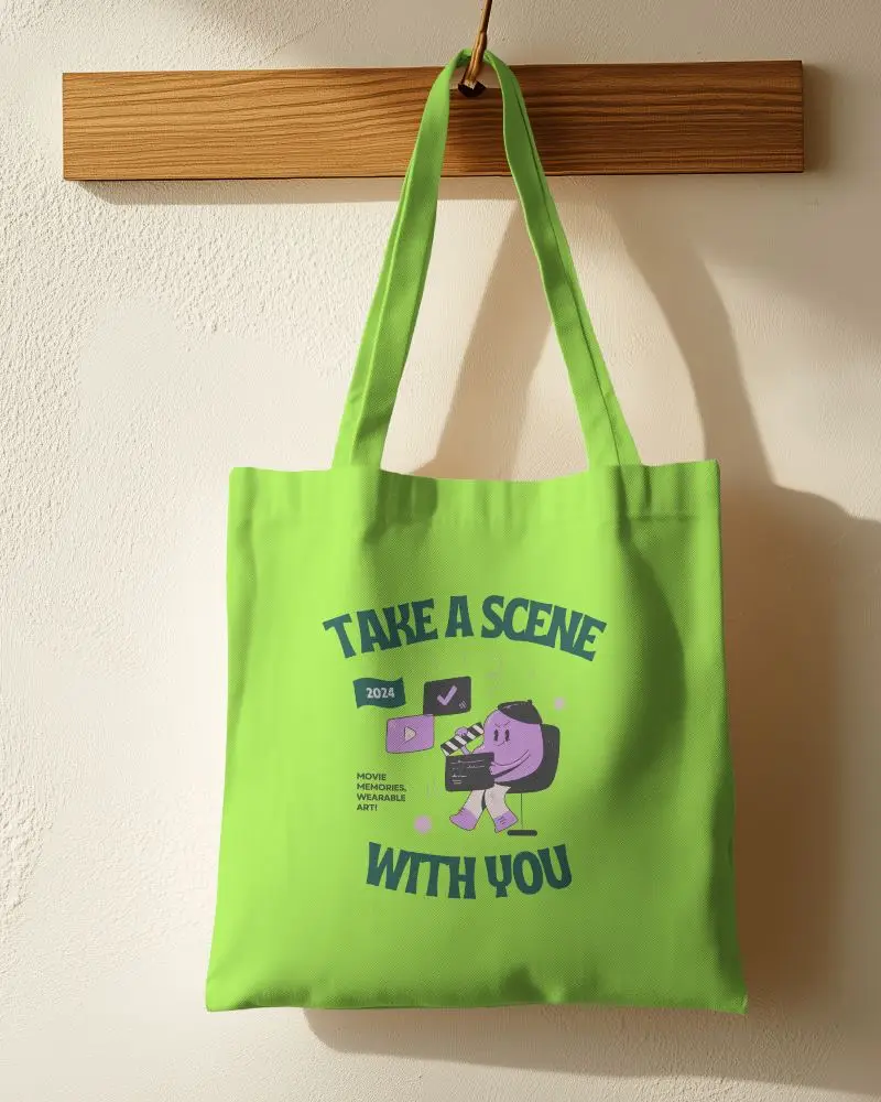 Organic Cotton Tote Bag Mockup Draped Over Wooden Dowel With Natural Fiber Texture