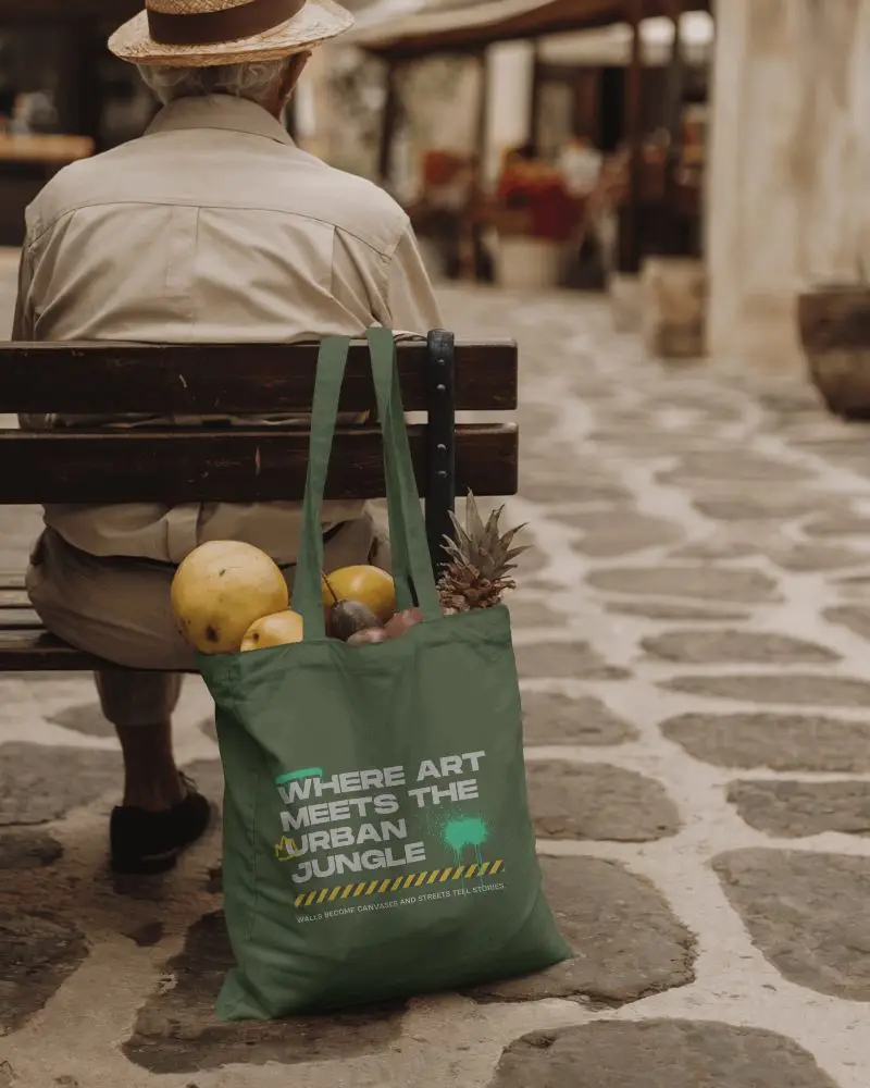 Rustic Shopping Totebag Mockup Basic Tote Highlighting Design Space Carried By An Elderly Person Dressed In Classic Apparel Sitting On A Bench In Front Of A Vintage Market Backdrop Authentic And Down To Earth Atmosphere